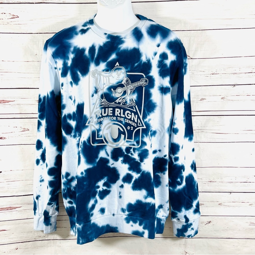 True Religion Sweatshirt Men's Size XL Blue‎ Tie Dye Buddha Crewneck
